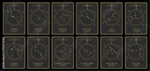 Set of Modern magic witchcraft cards with astrology zodiac constellations in the night sky. Zodiac characteristic. Zodiac icons. Vector illustration