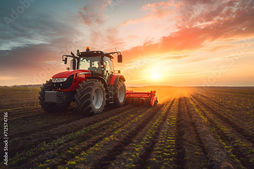 front view of red tractor driving in a field  harvesting and farming  sunset 