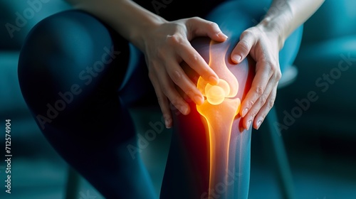 Representation of a woman feeling severe knee pain. A woman pressing his knee with his hands because of knee inflammation. photo