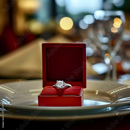 engagement ring in red box on served table. © Social Material