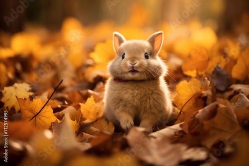 Little funny rabbit sitting in leaves in autumn 