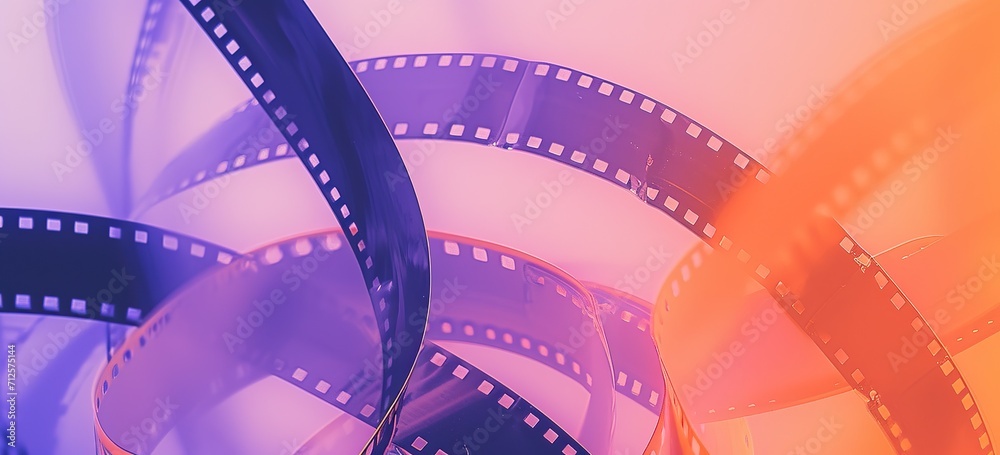 A reel of vintage film illuminated by colorful lights, capturing the essence of classic cinematography - a nostalgic visual journey