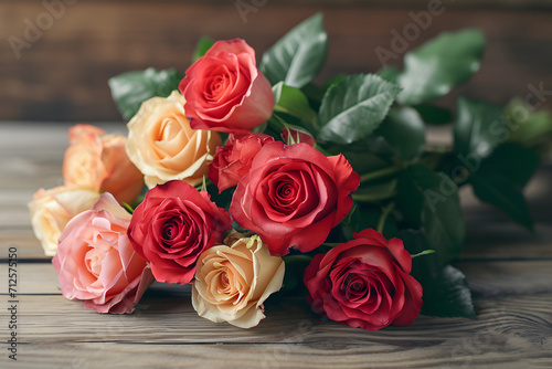 bouquet of pink and red roses on wooden table