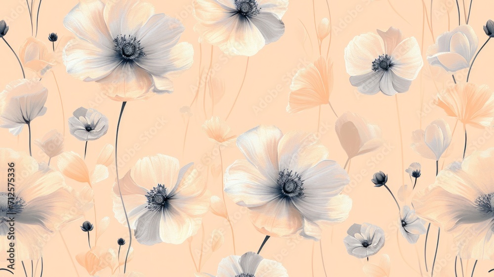  a painting of white and gray flowers on a peach background with a black and white stripe in the middle of the image.