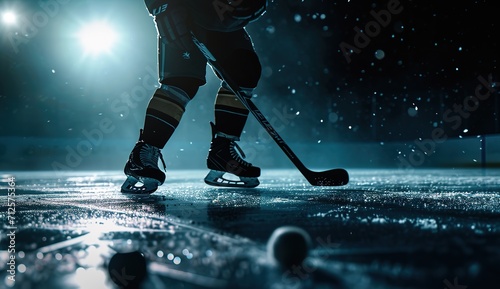 A dynamic hockey player in action is a dramatic, artistic representation of the intensity and skill involved in the sport.