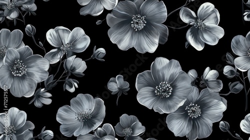  a black and white floral wallpaper with silver flowers on a black background with white and gray flowers on a black background.