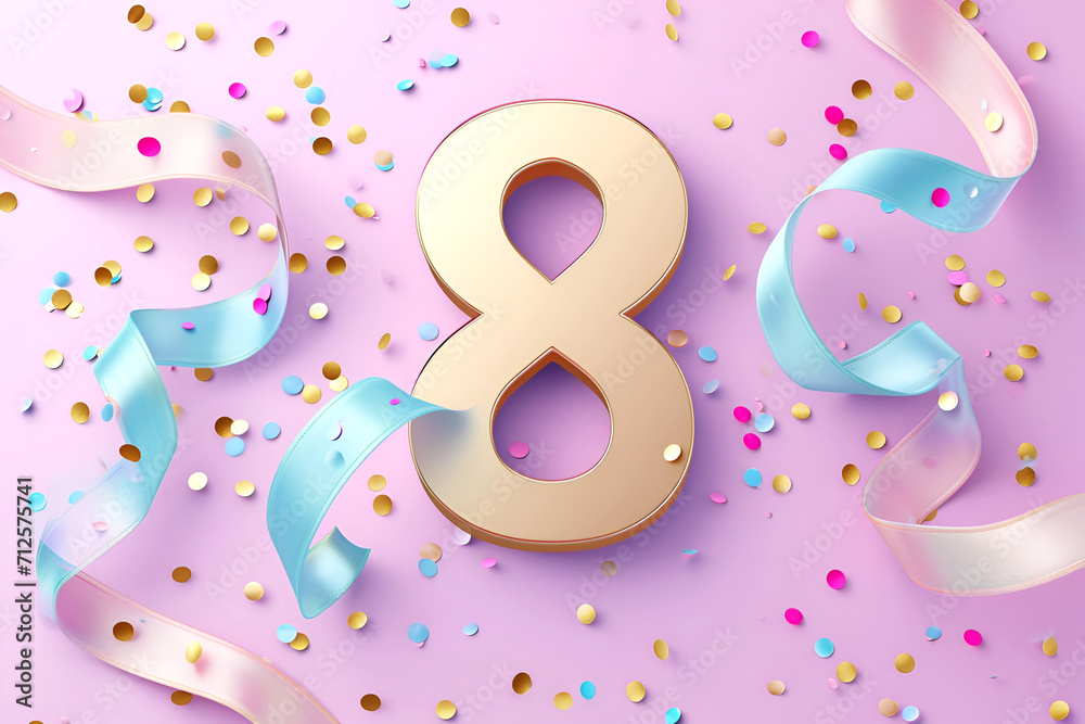 Obraz premium Golden number 8 on a pink background, greeting card for International Women's Day.