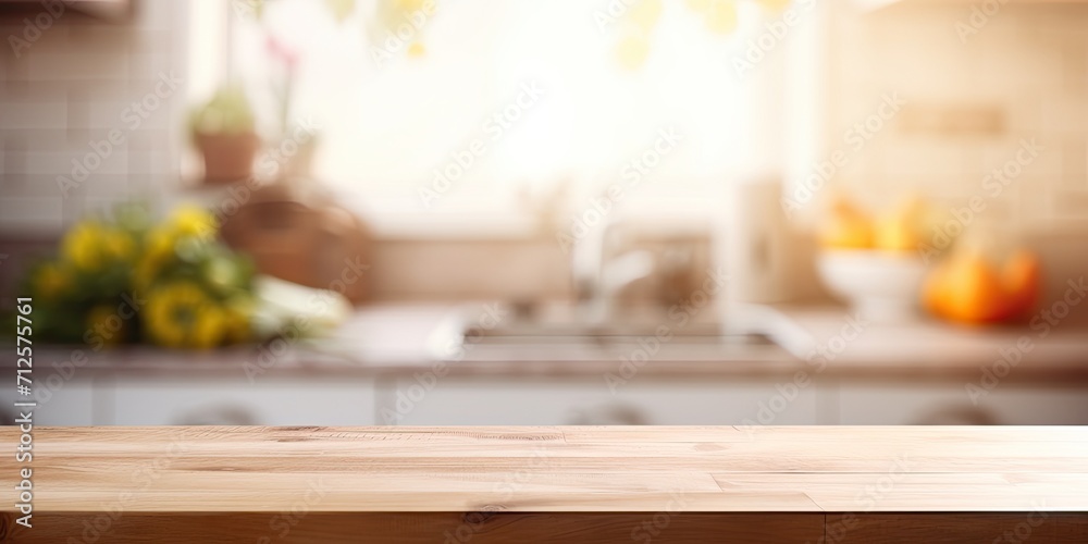 Kitchen and countertop with blurred background.