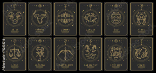Set of Modern magic witchcraft cards with astrology zodiac signs in the night sky. Zodiac characteristic. Zodiac icons. Vector illustration