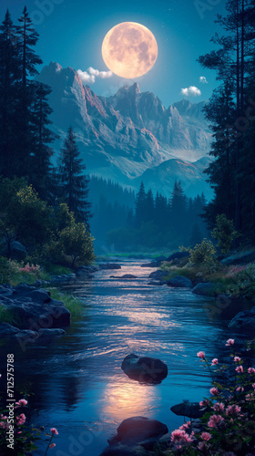 A serene mountainous river landscape in the tranquility of evening. The scene is illuminated by the full moon. © The Blue Wave
