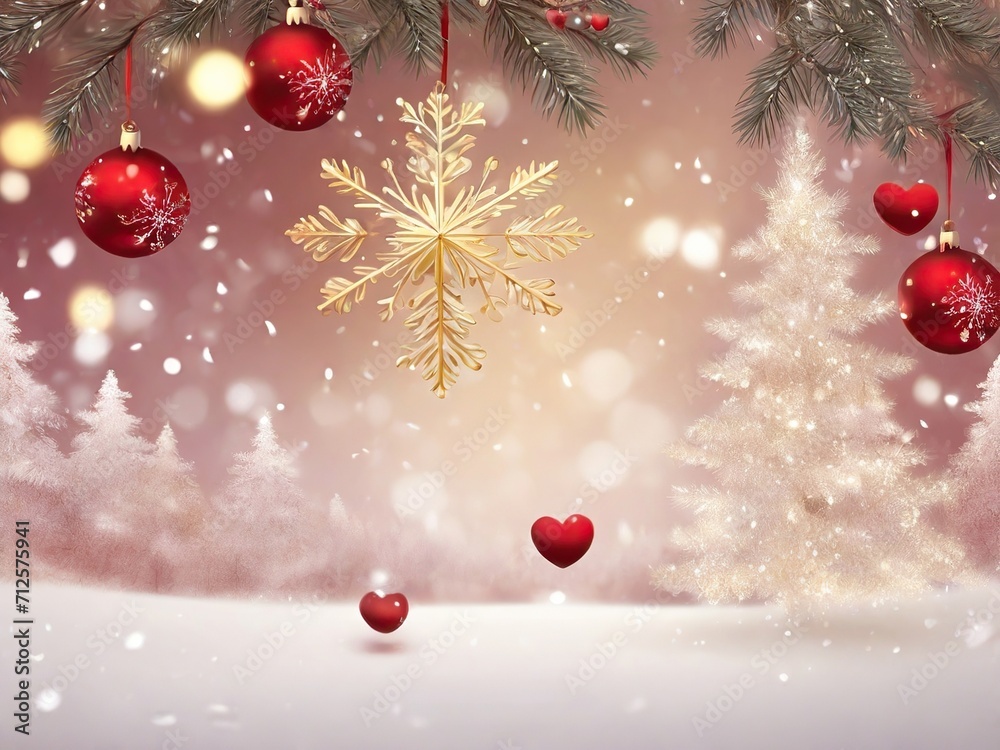 Beautiful red and pink background with big golden snowflake, hearts, red Christmas balls for Valentine's Day Beautiful red and pink background with big golden snowflake, hearts, red Christmas balls for Valentine's Day