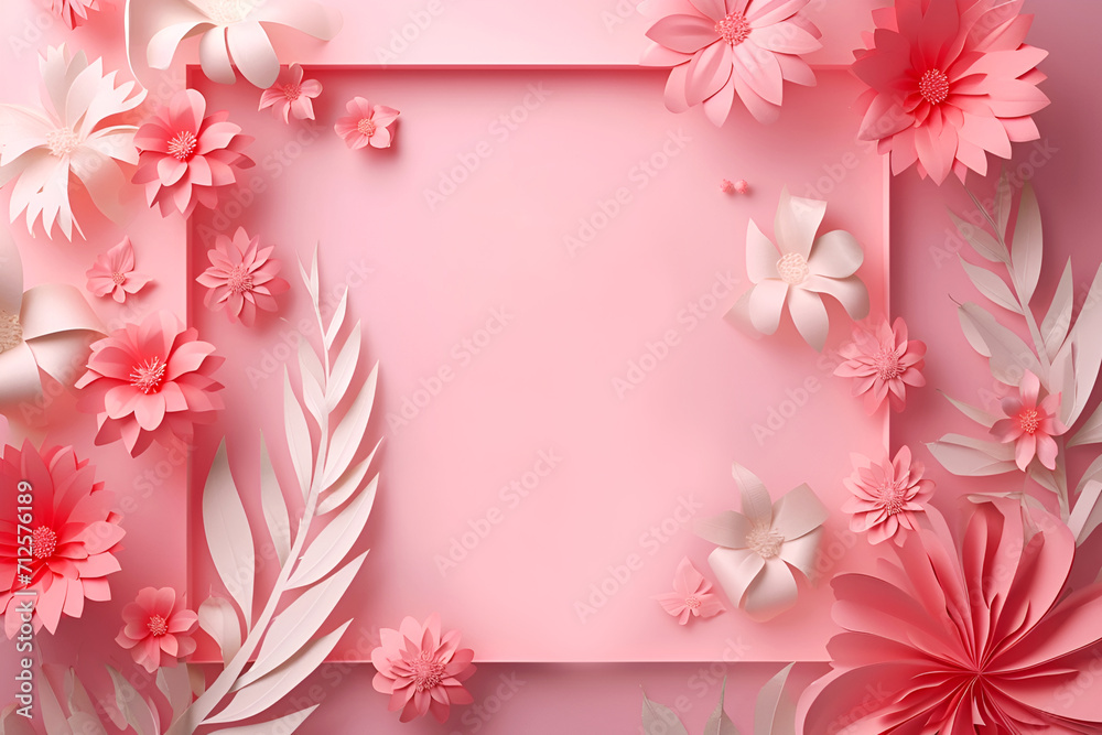 Background of pink paper flowers with empty space for text or greeting card design. Postcard for International Women's Day and Mother's Day. Background of pink paper flowers with empty space for text or greeting card design. Postcard for International Women's Day and Mother's Day.