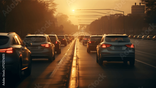 Traffic jam on the road at sunset in Bangkok, Thailand.