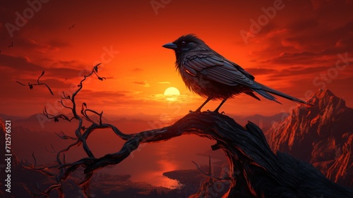 Bird tree magnificent colorful black fantasy illustration sun background Ai generated art