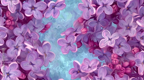  a painting of a bunch of purple flowers on a blue, pink, and purple background with a white border.