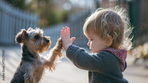Cute toddler giving high-five to dog at home, Handshake between little child and small terrier dog, teamwork between toddler, generative ai