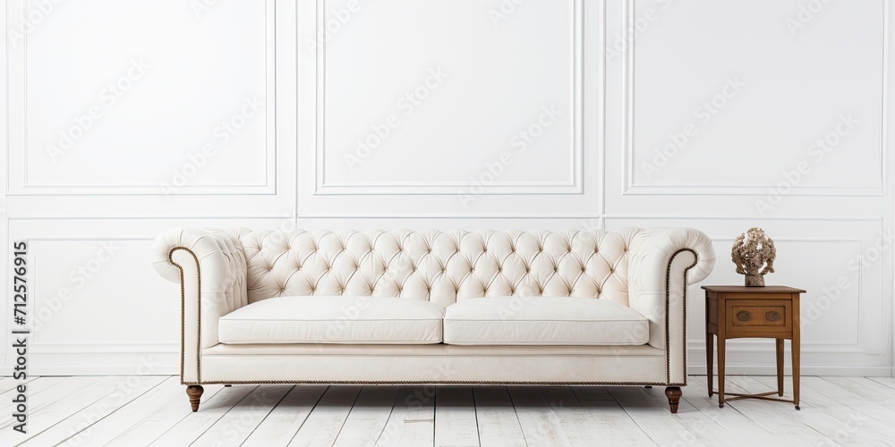 White room with vintage-style leather sofa - obrazy, fototapety, plakaty 