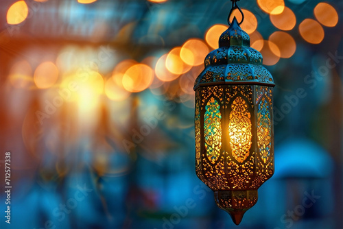 Ornamental Arabic lantern with burning candle in the evening