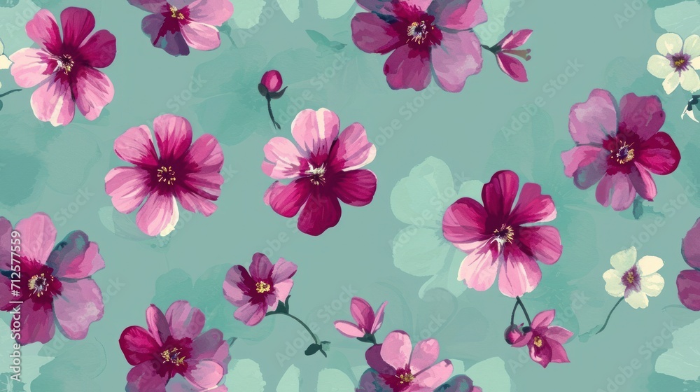  a painting of pink and white flowers on a teal background with white and pink flowers on a teal background.