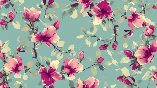 a pattern of pink flowers and leaves on a teal background with a blue sky in the backround. © Shanti