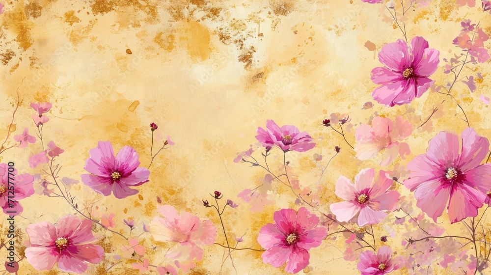  a painting of a bunch of pink flowers on a yellow background with a place for a text or a picture.