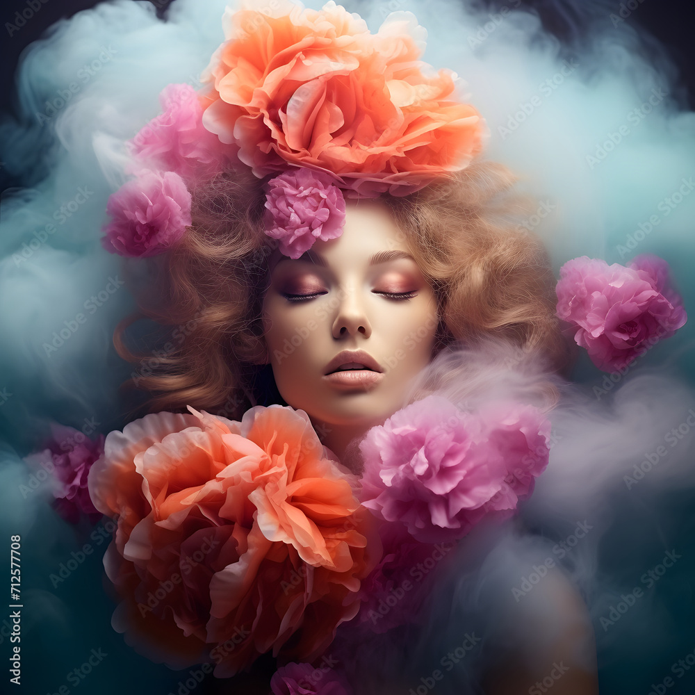Portrait of beautiful young woman with a lot of flowers surrounded by smoke. Beauty concept. Portrait of beautiful young woman with a lot of flowers surrounded by smoke. Beauty concept.