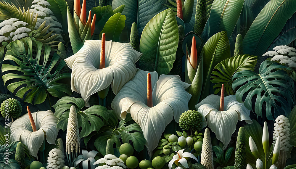 A tropical botanical scene, abundant in various shades of green, featuring a diverse array of foliage and flowers, with a special focus on the iconic Monstera plant. Nature wallpaper background A tropical botanical scene, abundant in various shades of green, featuring a diverse array of foliage and flowers, with a special focus on the iconic Monstera plant. Nature wallpaper background