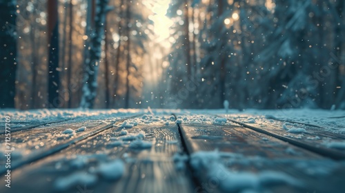 Old wooden table place of snow and snowy forest background, generative ai