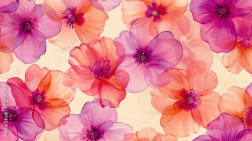  a close up of a bunch of flowers on a white and pink background with lots of pink and orange flowers.