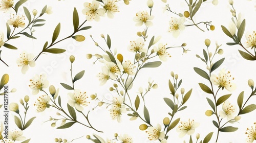  a close up of a pattern of flowers and leaves on a white background with green leaves and yellow flowers on a white background. © Shanti