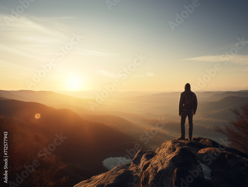 A traveler is looking towards the horizon as the sun rises over a beautiful scenic landscape. The traveler is standing on a cliff. © Aisyaqilumar