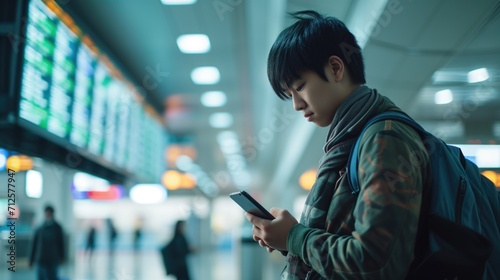 Young asian man in international airport, using mobile smartphone and checking flight at the flight information board, Tourist journey trip concept, generative ai photo