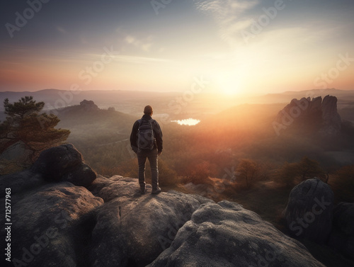 A traveler is looking towards the horizon as the sun rises over a beautiful scenic landscape. The traveler is standing on a cliff.