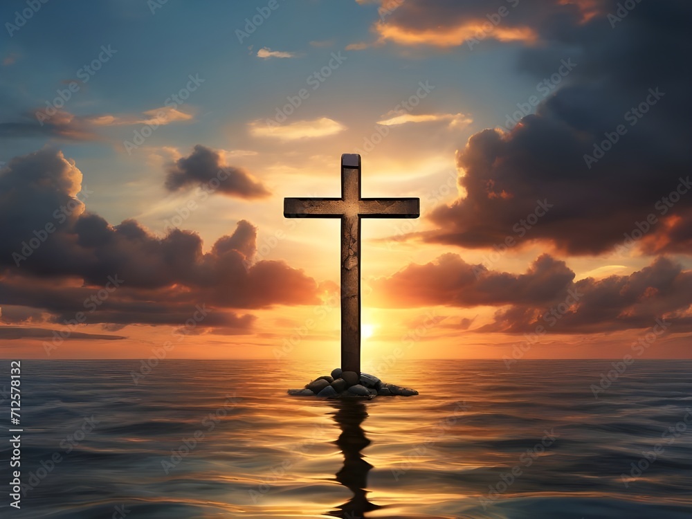 Christian cross stands in the middle of a body of water with a sunset and clouds in the sky in the background. Generative AI Christian cross stands in the middle of a body of water with a sunset and clouds in the sky in the background. Generative AI