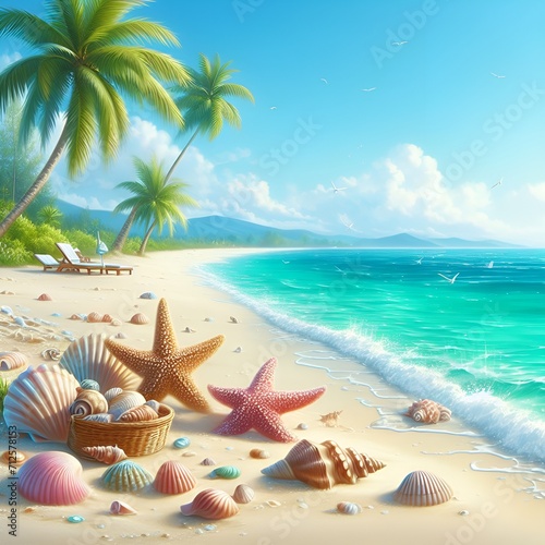 Tropical beach background. Realistic beach frame with shells, starfish on sand, and palm tree. Design for summer and holiday banner