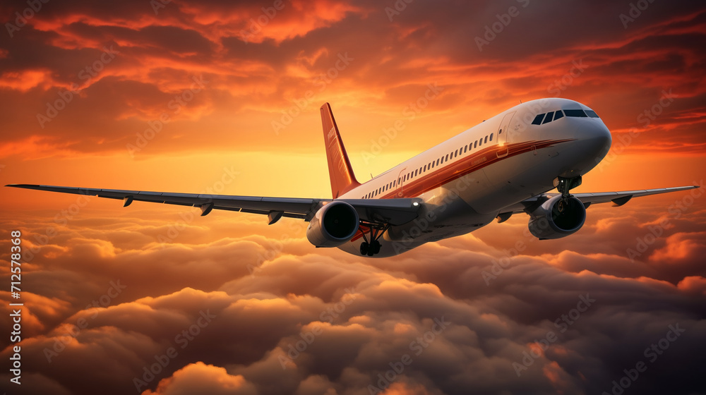 airplane is flying in the orange sky, AI Generative.