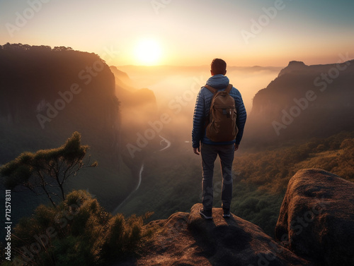 A traveler is looking towards the horizon as the sun rises over a beautiful scenic landscape. The traveler is standing on a cliff. photo