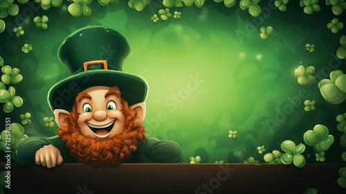 copy space, Happy Saint Patrick's day green frame, leprechaun cartoon, shamrocks clover background. Beautiful mockup for Saint Patrick’s day. Design for greeting card, invitation, poster. photo