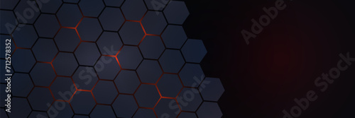 Dark gray and red horizontal hexagonal technology abstract vector background. Red bright energy flashes under the hexagon in a wide banner of futuristic modern technology. vector