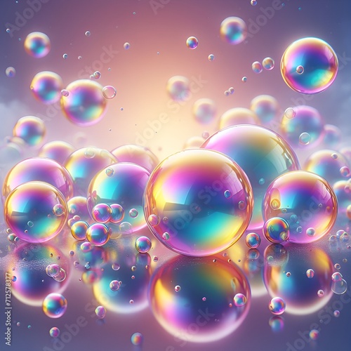 Background of beautiful colored bright airy light flying soap bubbles