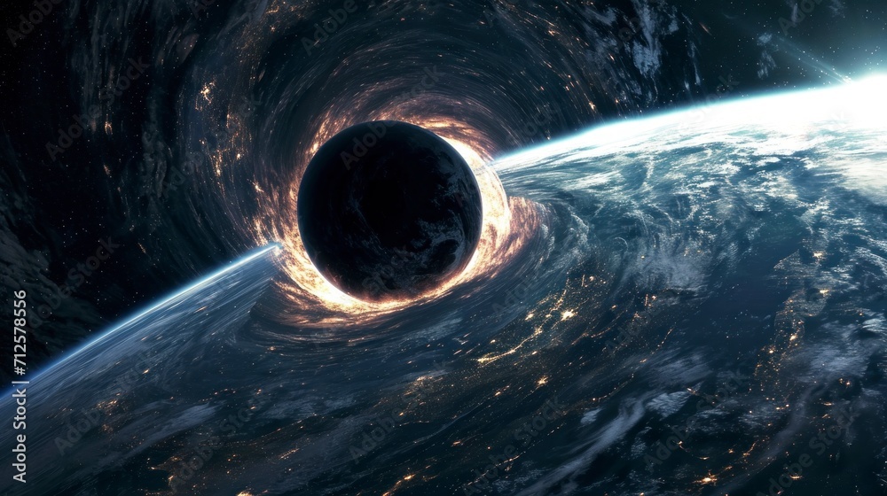 giant black hole approaching earth in high resolution - obrazy, fototapety, plakaty 