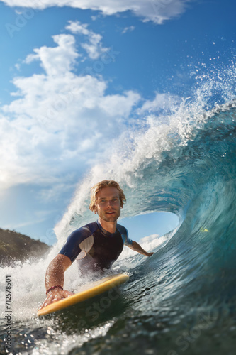 surfer with surfboard in front of a big wave in the sea, generative ai