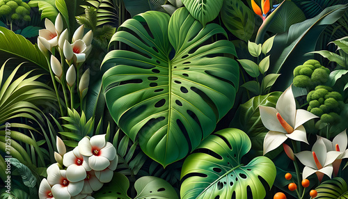 A tropical botanical scene, abundant in various shades of green, featuring a diverse array of foliage and flowers, with a special focus on the iconic Monstera plant. Nature wallpaper background photo