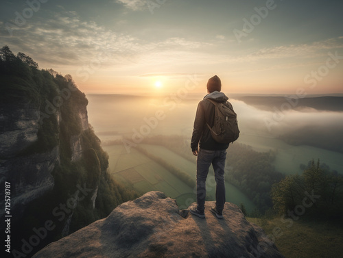 A traveler is looking towards the horizon as the sun rises over a beautiful scenic landscape. The traveler is standing on a cliff.
