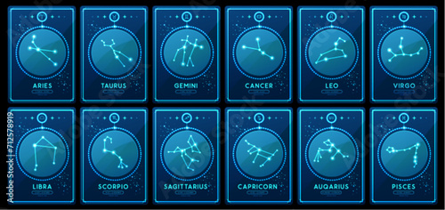 Set of neon modern magic witchcraft cards with astrology zodiac constellations in the night sky. Zodiac characteristic. Zodiac icons. Vector illustration