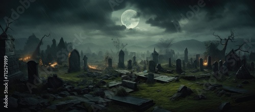 Graveyard with ancient tombstones, castle ruins, and stormy sky.