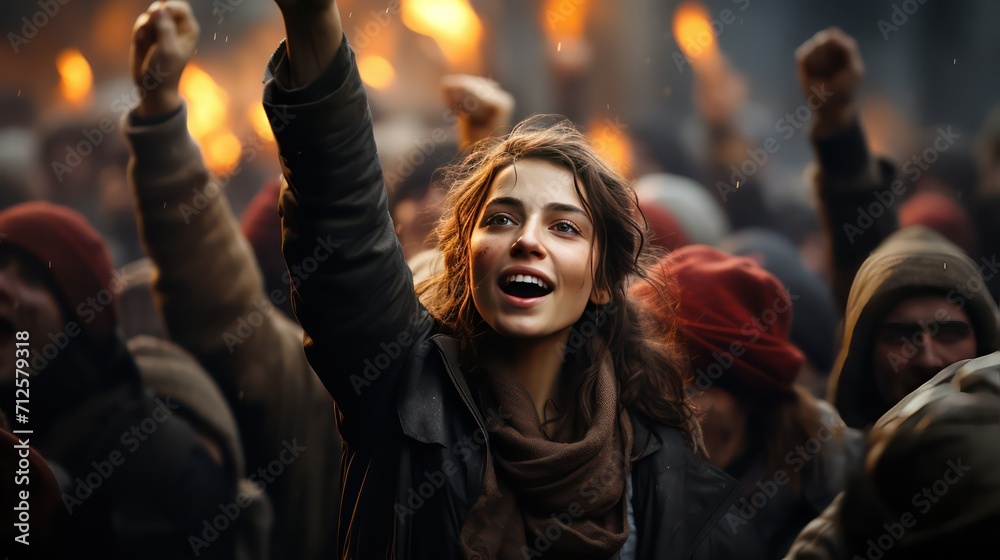 Crowd of people with raised hands at a protest in the city