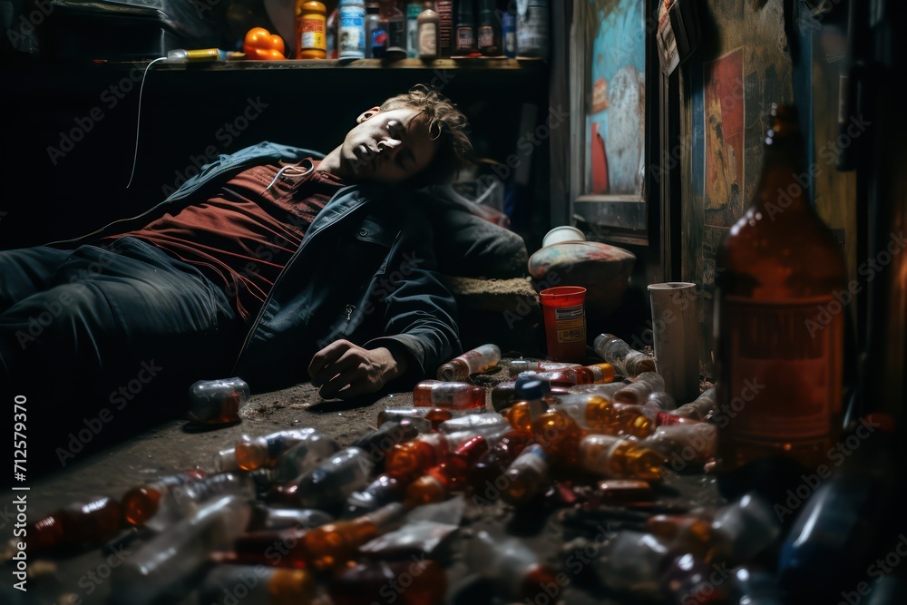 Obraz premium Drunk man lying on the floor and holding a bottle of rum