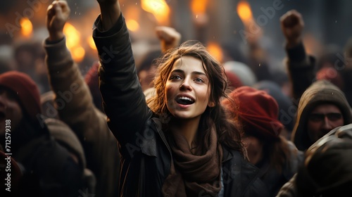 Crowd of people with raised hands at a protest in the city © Ali