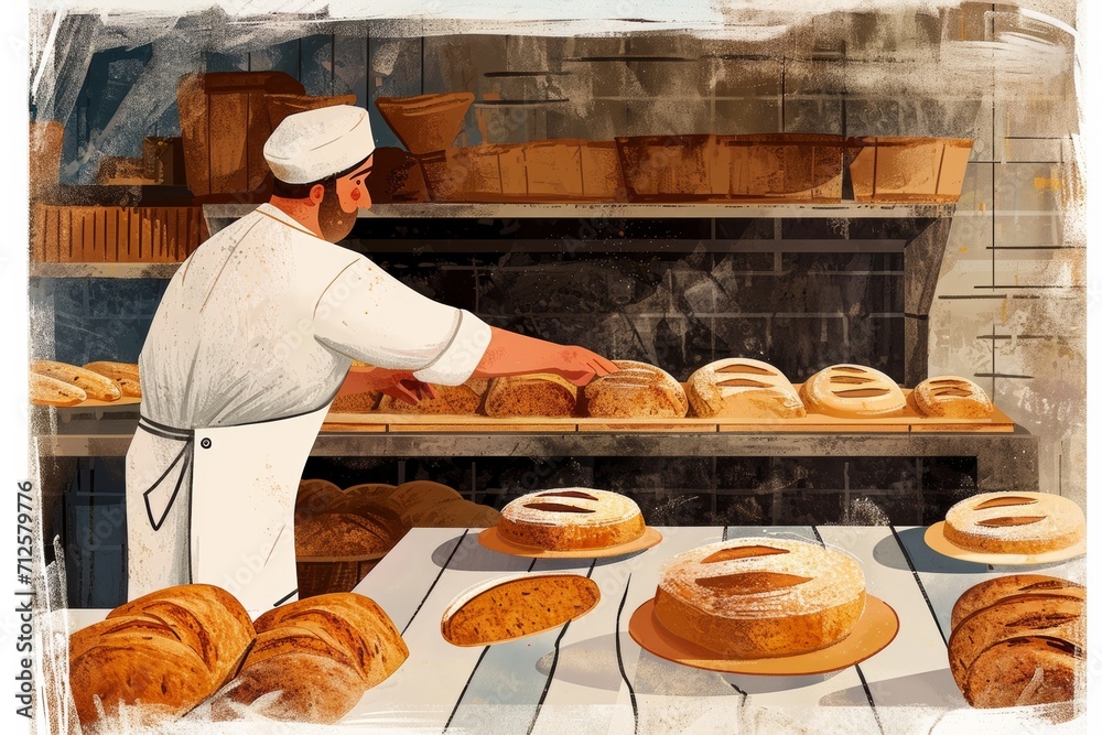 an oven worker preparing several loaves of bread an oven worker preparing several loaves of bread
